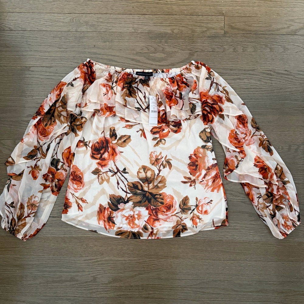 NWT White House Black Market Floral Terrace & Palomino Ruffle Off Shoulder Top